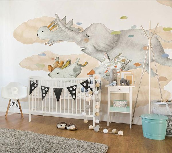 Fonds d'écran Bacaz Dessin Animé Animal Papier Peint Mural 3d Mur Po Pour Enfants Chambre Canapé Fond Éléphant Papier Décor