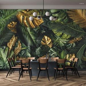 Fonds d'écran Bacaz personnalisé vert et or feuilles tropicales papier peint mural chambre salon mur décor à la maison art 3D papel de parede