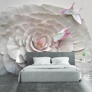 Wallpapers bacaz Custom Relief Roseflower en Butterfly Mural Wallpaper Canvas Achtergrond Home Decor 3D PO Wall Paper