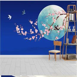 Wallpapers mooi landschap blauw maanlicht bloemen vogel pruimen handgeschilderde achtergrond muur decoratie schilderen