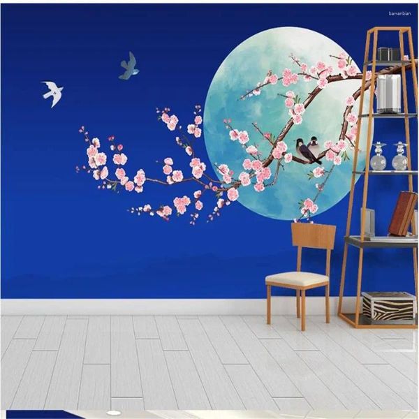 Fonds d'écran beaux paysages bleus Moonlight Flower Bird Plum peint à la main Décoration murale peinture