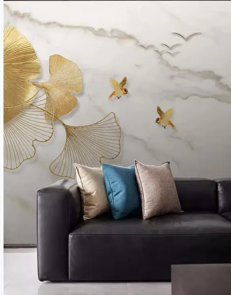 Fonds d'écran Beau paysage moderne élégant oiseau fond de marbre mur peintures murales 3D papier peint
