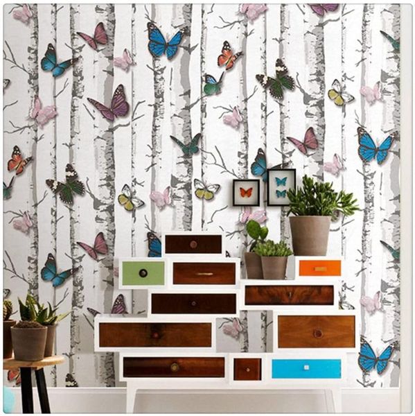 Fondos de pantalla Cinta de abedul/Papel tapiz de mariposa Cinta de pared Baño Decoración de fondo del hogar Autoadhesivo Extraíble Impermeable