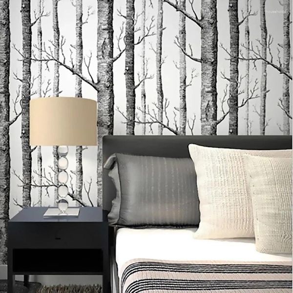 Fondos de pantalla Rama blanca y negra Papel tapiz no tejido Tronco de árbol nórdico Bosque de abedul TV Sofá Fondo Papel de pared Rollo W51