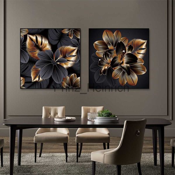 Fondos de pantalla Flores de oro negro Lienzo Pinturas interiores Estética nórdica Arte de la pared Carteles minimalistas modernos Imágenes Decoración de la sala de estar J230704