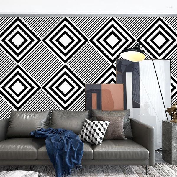 Fonds d'écran noir blanc diamant papier peint 3D stéréo moderne grille nordique géométrique maison salon vêtements magasin mural simple