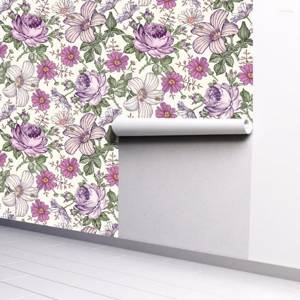 Fonds d'écran Blooming Purple Flower Wallpaper Multicolore Floral Peel And Stick Papier Peint Amovible Auto-Adhésif Mural Décor