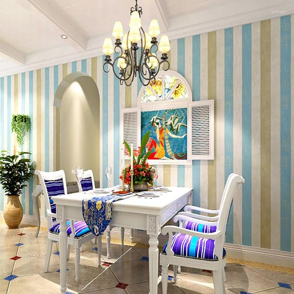 Papier peint à rayures en grain de bois méditerranéen de style bleu pour les murs de la chambre Rouleau Salon Canapé Non-tissé Imprimé Mural