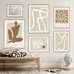 Fonds d'écran Boho Résumé Matisse beige Blanc Ligne White Mur Art Affiche minimaliste Peinture salon Decoration intérieure J240505