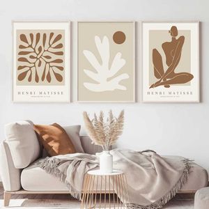 Fonds d'écran Boho Résumé Matisse Beige Blanc Ligne Mur Wall Affiche Minimaliste toile Peinture salon Decoration intérieure J240510