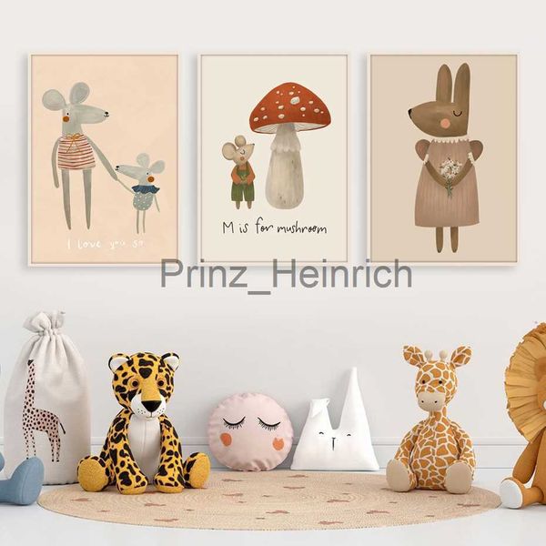 Tapeten Boho Cartoon Kaninchen Maus Gans Nurser Wandkunst Leinwand Malerei Nordic Retro Poster und Drucke Wandbild Baby Kinder Zimmer Dekor J230704