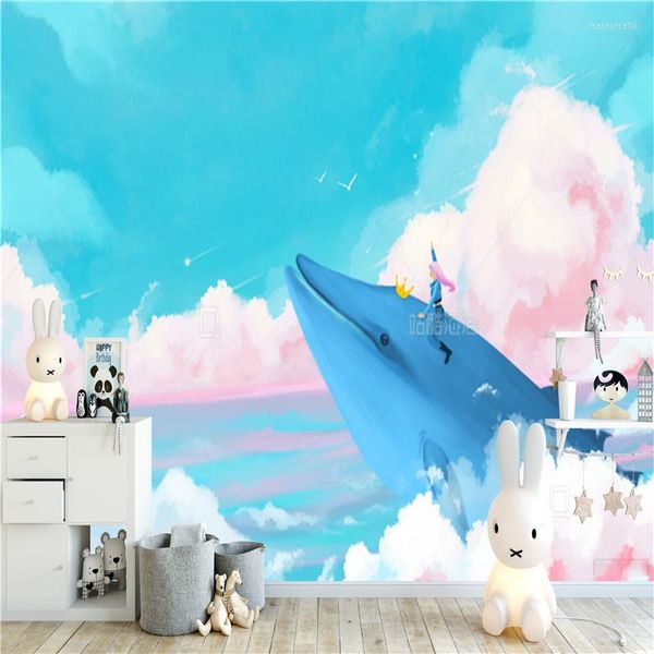 Papier peint dessin animé bleu ciel papier peint décor à la maison Mural pour chambre d'enfant baleine nuage enfants fond Papel De Parede 3d