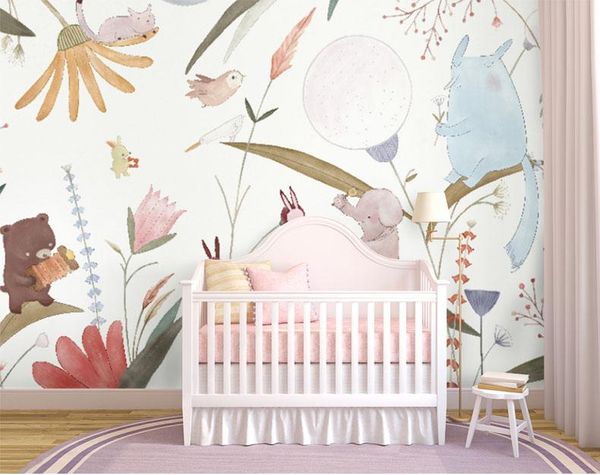 Fonds d'écran dessin animé forêt Animal papier peint Mural 3d mur Po pour bébé enfant chambre canapé fond éléphant papier