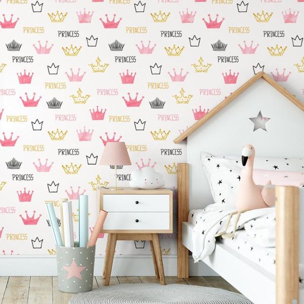 Fonds d'écran Papier peint de dessin animé Couronne mignonne auto-adhésif pour chambre de princesse Fille Chambre Décor Amovible Peel et Stick Papier de contact