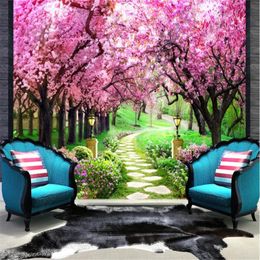 Fondos de pantalla Cherry Tree Forest Path Paisaje Mural personalizado Decoración del hogar Autoadhesivo Po Wallpaper Sala de estar Dormitorio Papel de pared 3D