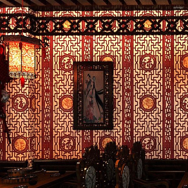 Carte da parati Carta da parati classica cinese Finto legno intagliato Riquadro della finestra Soggiorno Studio Corridoio Tv Sfondo Rivestimento murale