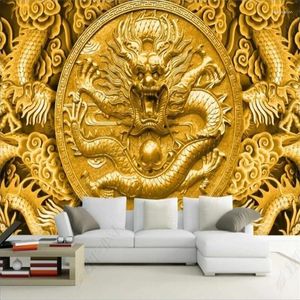 Fonds d'écran chinois en relief Golden Dragon personnalisé papier peint salon décor à la maison murale 3D Po papier peint chambre Papel De Parede