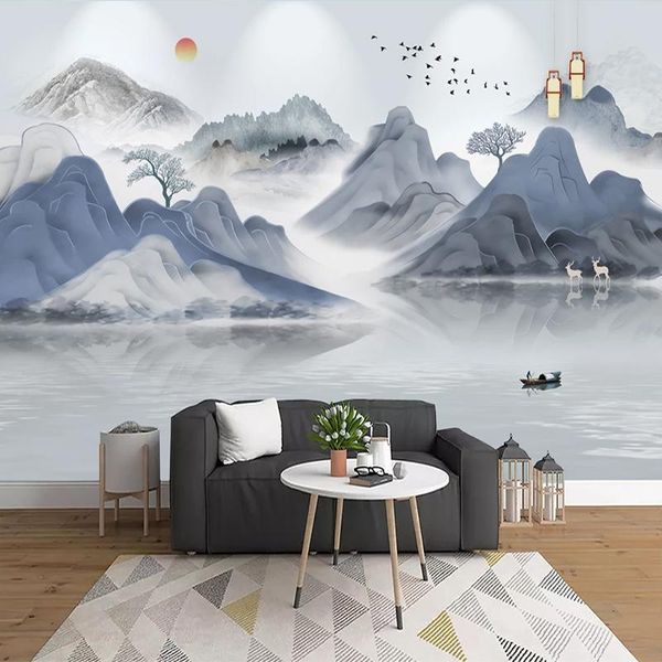 Fonds d'écran Style Chinois 3D Atmosphérique Paysage Doré Fond Mur Zen Papier Encre Peinture Murale