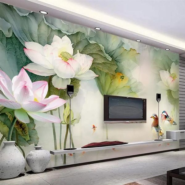 Papel tapiz estilo chino 3D estéreo Lotus Pond Mural papel tapiz sala de estar TV sofá estudio Fondo pared pegatina autoadhesivo impermeable