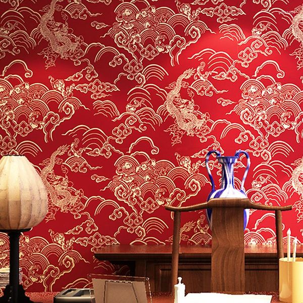 Fonds d'écran Style Chinois Rouge Papier Peint Dragon Motif Classique Zen Teahouse Restaurant Décoration Décor À La Maison Papier Peint