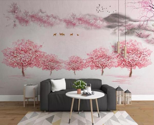 Papier peint chinois 3D rose fleur de pêcher Floral maison décorative romantique filles chambre peintures murales