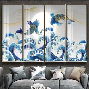 Wallpapers Chinese waterlijngolf spray zonsopgang vissen blauwe inkt muurschildering behang voor muren 3d sushi restaurant industrieel decor muurpapier