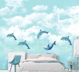 Wallpapers cjsir op maat 3D wallpaper muurschildering Noordse hand getrokken cartoon oceaanwitje witte wolk dolfijn kinderen kamer achtergrond muur p9924104