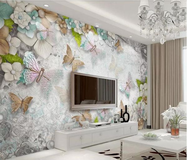 Fonds d'écran CJSIR personnalisé Po papier peint peintures murales autocollants 3d magnifique papillon méditerranéen fleurs perle TV décor