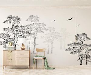 CJSIR papier peint personnalisé noir et blanc croquis minimaliste abstrait arbre oiseau TV fond 3d Papel De Parede décor