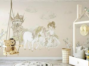CJSIR papier peint personnalisé petite princesse et château de cheval à une corne conte de fées décor de chambre d'enfants fond mur 3d