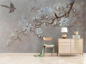 Fonds d'écran CJSIR Papier Peint Personnalisé Mural 3D Relief En Relief Sur La Branche Magnolia Magpie Fond Mur Papel De Parede