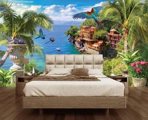 Fonds d'écran CJSIR Fond d'écran personnalisés muraux Blue Coast Coconut Tree Floral Flying Birds Mediterranean Fond 3d Papel Mural