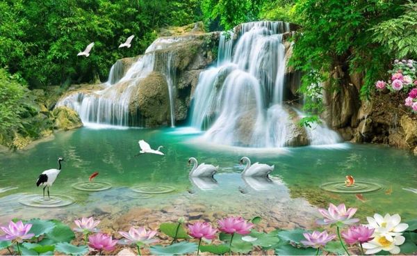 Fondos de pantalla CJSIR Fondo de pantalla personalizado Mural natural HD Paisaje Lotus Goldfish Cascada Sala de estar Telón de fondo 3D