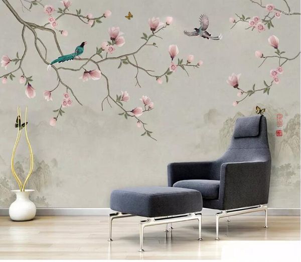 Fondos de pantalla CJSIR Sala de estar personalizada Sofá Fondo Pared Papel tapiz 3D Pintado a mano Magnolia Bird para niños