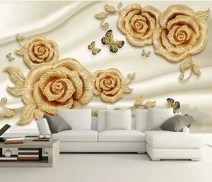 Wallpapers cjsir op maat gemaakte persoonlijkheid 3d wallpaper luxe gouden rozen vlinder sieraden tv woonkamer muur voor muren 3 d