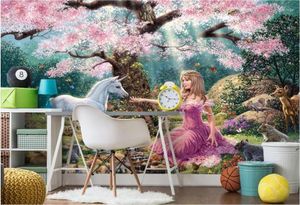 Wallpapers cjsir behang aangepaste woonkamer slaapkamer dromerige schattige cartoon roze bloemboom prinses wit paarden achtergrond decor