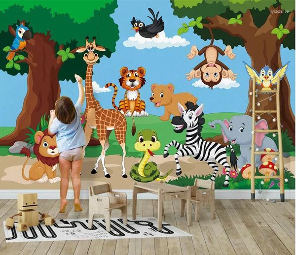 Fondos de pantalla CJSIR Papel tapiz para habitación de niños Dibujos animados Bosque Tigre Jirafa Mono Animal Fondo Pared Papel De Parede Mural 3d