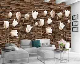 Fondos de pantalla Classic 3d Wallpaper Stone Wall Hermosos tulipanes Impresión digital HD Decorativo
