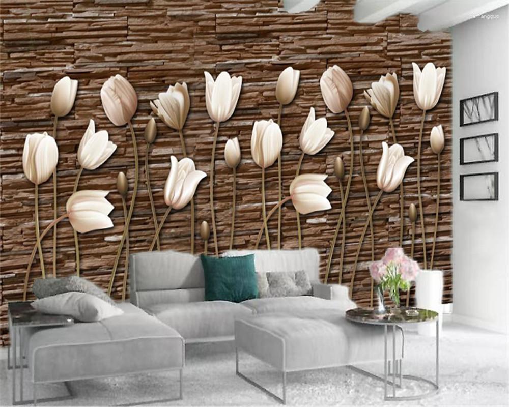 Fonds d'écran classique 3d papier peint mur de pierre belles tulipes impression numérique HD décoratif