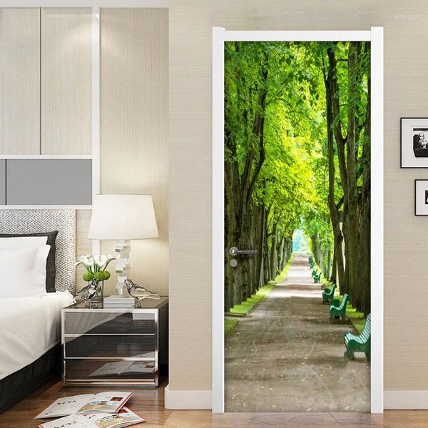 Papeles pintados creativo 3D puerta pegatina árboles verdes impermeable sala de estar dormitorio renovación Mural autoadhesivo decoración del hogar calcomanías de pared