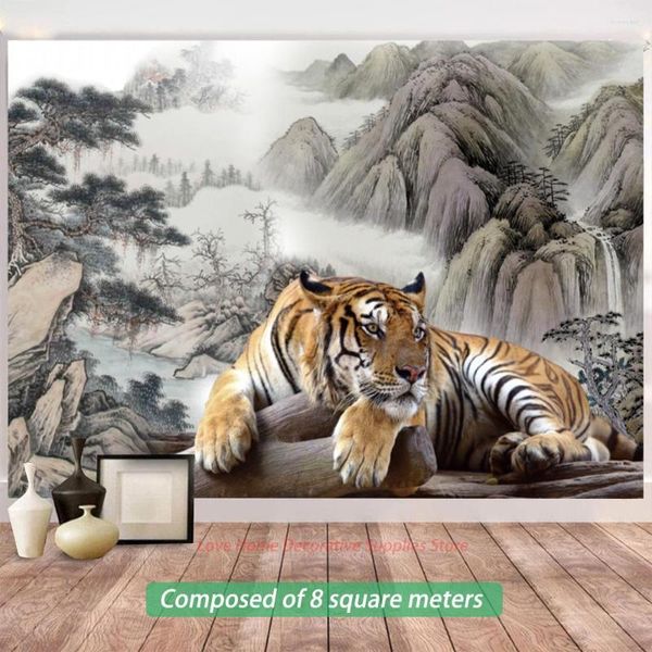 Fondos de pantalla Crouching Big Tiger Po Wallpaper Decoración de la habitación para niños Chinos Montañas y aguas Pintura Renovación del hogar TV Sofá Fondo