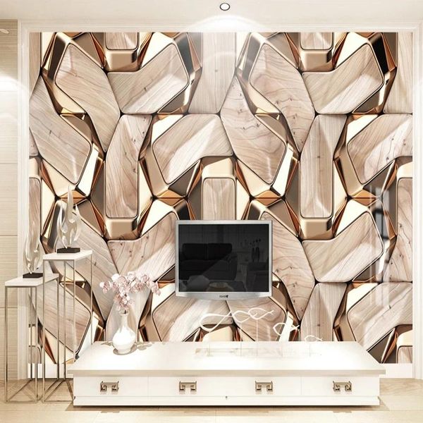 Fondos de pantalla Personalizado 3D Geometría abstracta Patrón de metal dorado Papel tapiz mural autoadhesivo Papel de pared moderno Sala de estar KTV Lona impermeable