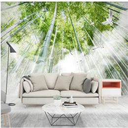 Wallpapers op maat 3D mooi landschap modern eenvoudig en fris bamboe bos vogel achtergrond muur