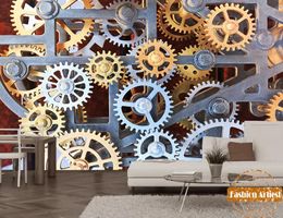 Wallpapers Custom 3D Clock Running Gear Wallpaper Mural Golden Metal Mechanisme kantoor tv -bank slaapkamer woonkamer café bar restaurant