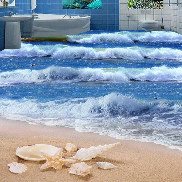 Fondos de pantalla Personalizado 3D Floor Mural Sea Wave Beach Starfish Baño Azulejos Wallpaper PVC Autoadhesivo Etiqueta impermeable