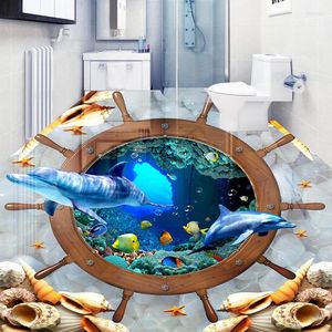 Fonds d'écran personnalisé 3D autocollant de sol monde sous-marin dauphin Po papier peint imperméable auto-adhésif El salon salle de bain murale