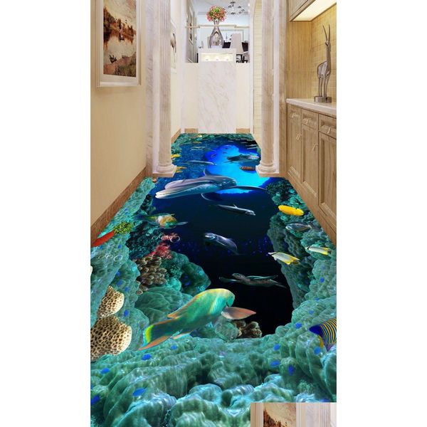 Fondos de pantalla Personalizado 3D Papel tapiz de piso Arte moderno Piedras de río Baño Mural El agujero en los delfines PVC Autoadhesivo Impermeable Gota D Dht07