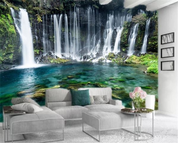 Fondos de pantalla Custom 3d Landscape Wallpaper Gran fantasía Cascada Piscina verde Hermosa decoración interior Mural de seda