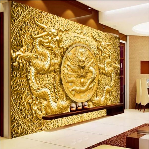 Papiers peints personnalisés 3D Mural en relief or sculpture Dragon chinois Po pour El Restaurant salon papiers peints décor à la maison