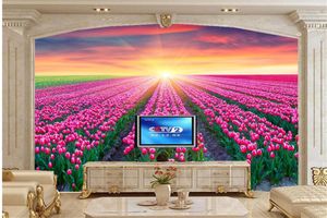 Fonds d'écran personnalisés 3D Champs muraux Tulipes Levers et couchers de soleil Fleurs Papier peint Salon Canapé TV Mur Chambre Papel De Parede
